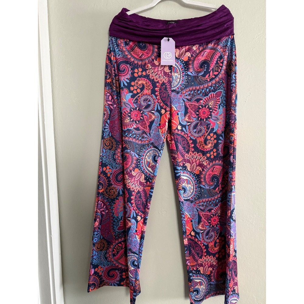 Gracyoga boho XL Paisley floral Flare Pants Purple Wide Leg Yoga pink y2k fairy - Picture 4 of 7